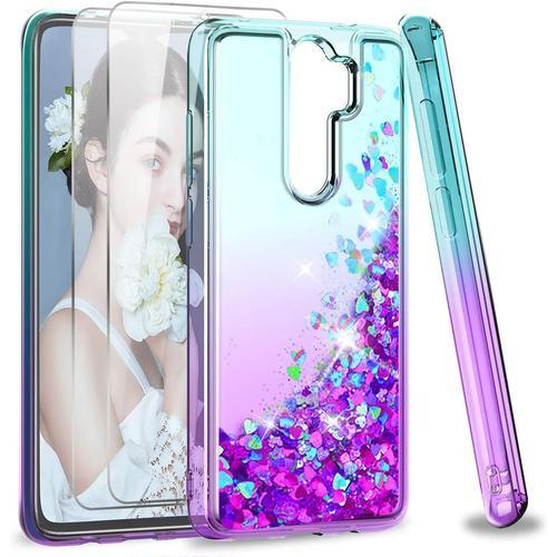 Für Xiaomi Redmi Note 8 Pro Hülle Glitzer Handyhülle Mit Panzerfolie Schutzfolie 2 Stück , Cover Bumper Schutzhülle Für Case Xiaomi Redmi Note 8 Pro Handy Hüllen Türkis Lila