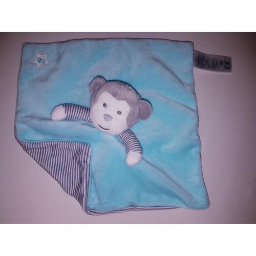 Doudou Plat Singe Obaibi Okaidi Bleu Blanc Rayé Gris Jouet Bebe Naissance Peluche Éveil Enfant Soft Toys