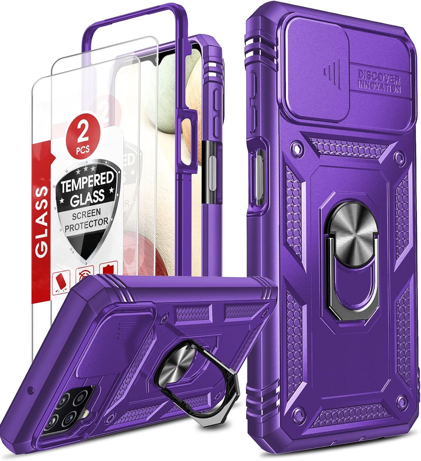 Hülle Für Samsung Galaxy A12/M12/A12 Nacho Militärische Rüstung Schutzhülle & Panzerfolie Folie 2 Stück,Kamera Objektivschutz 360 Ringhalter Hybrid Case Handyhülle Handy Hüllen Cover Lila