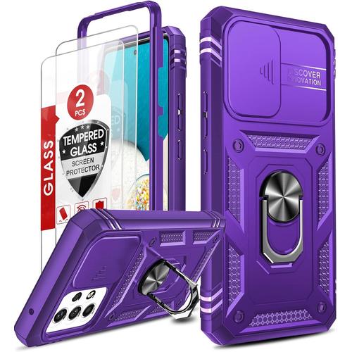 Hülle Für Samsung Galaxy A53 5g Kamera Schieber Schutzhülle 2 Glasfolie Folie, Ringhalter Case Militärische Rüstung Handyhülle Kamera Objektivschutz Handy Hüllen Für Samsung A 53 5g Cover Lila