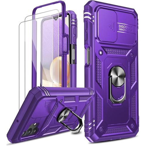 Hülle Für Samsung Galaxy A32 5g/M32 5g Kamera Klappe Schutzhülle&panzerglas Folie 2 Stück,Militärische Rüstung Handyhülle Kamera Objektivschutz 360 Ringhalter Hybrid Case Handy Hüllen Cover Lila