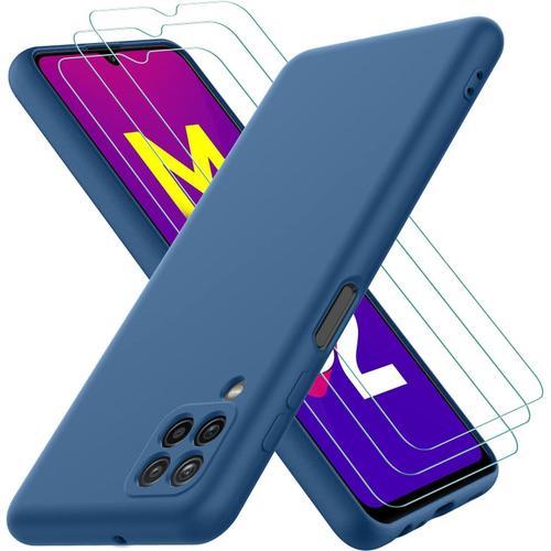 Hülle Kompatibel Mit Samsung Galaxy M32 4g, Mit 3 Stück Panzerglas Schutzfolie, Handyhülle Für Samsung Galaxy M32 4g Gummiert, Handy Case In Blau