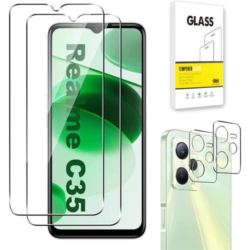 Lot De 2 Films De Protection D'écran Compatibles Avec Realme C35 + Film Protecteur D'objectif D'appareil Photo 2 Pièces En Verre Trempé 9h Résistant Aux Rayures, Sans Bulles Transparent]