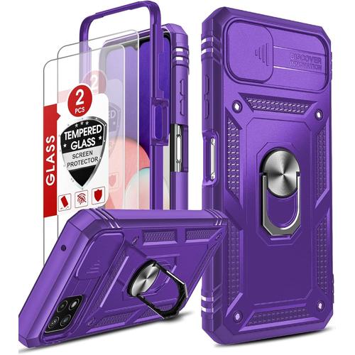 Hülle Für Samsung Galaxy A22 5g Kamera Schieber Schutzhülle&panzerglas Folie 2 Stück,Militärische Rüstung Handyhülle Kamera Objektivschutz 360 Ringhalter Hybrid Case Handy Hüllen Cover Lila