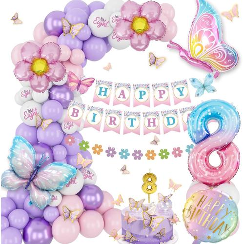 8th 8th 8th Decoration Anniversaire 8 ans, Ballons d'anniversaire Roses Et Violets, Set de Ballons Papillon, Bannière d'anniversaire, Ballon