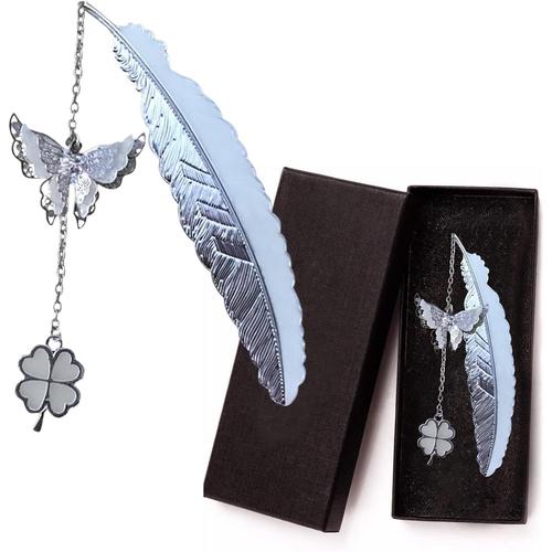 Argent Argent 1 Pcs Marque-Page, Papillon Lumineux Plume Trèfle À Quatre Feuilles Avec Boîte Cadeau, Donnez Des Ailes À Votre Lecture,