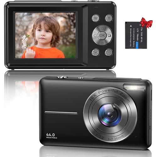 1-Noir Appareil Photo Numérique Compact - 1080P HD 44MP Caméra, 2,4 LCD Rechargeables Appareil Photo Enfant avec 16X Digital Zoom