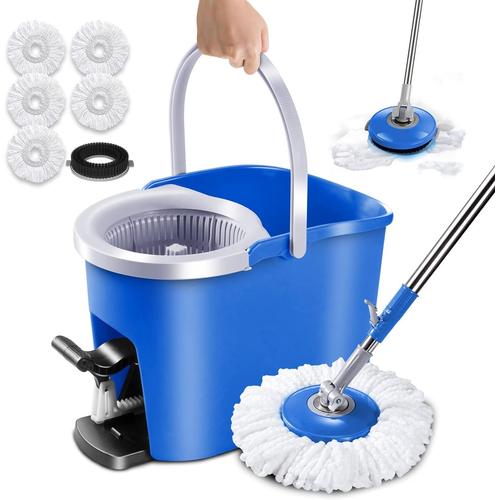 Bleu Bleu ZNM Kit Balai Serpillère et Seau Essoreur, Balai Serpilleres à Pédale Rotatif 360°, Seau Serpillere avec 5 Tampon en Microfibre