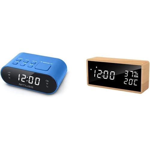 Bleu Bleu M-10 BL Radio-réveil avec écran LED, 20 Stations mémorisables Bleu & Flysocks Réveil Numérique Bois, Horloge Numérique avec 3