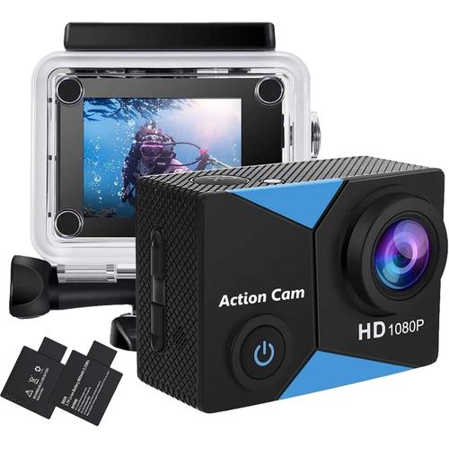 Blu-Nero Caméra Sport Ultra Hd 1080p, 12mp Caméra D'action Avec 2 Écran Lcd,Grand Angle, Caméra Étanche 30m Équipée De 2×900 Mah