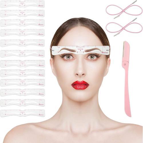 15 Pièces Kit de Forme de Pochoir à Sourcils, Inclure 12 Paires Modèle de Sourcil Réutilisable Pochoir de Forme des Sourcils, 2 Pièces Sangles, Rasoir à Sourcils pour Femmes Filles Outil de Maquillage