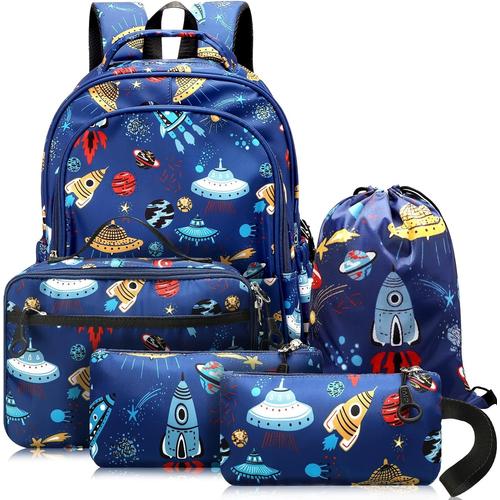 5 Pcs Set de Sacs Scolaires d'Astronaute Galaxie Cartables Primaires Sac à Dos à Cordon d'Espace Sac à Lunch pour Enfants Étuis à Crayons de Planète pour Bonbons Collation École Fête Voyage