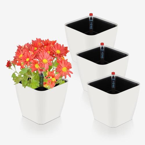 4pcs Pot À Réserve D'eau Interieur Blanc, Pot De Fleur Auto Arrosage 13,7 * 13,5 Cm, Bac À Fleurs Auto-Irrigation Avec Jauge De Niveau