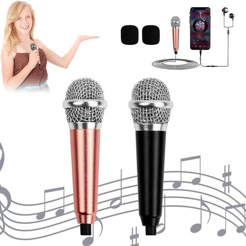 Vesaneae 2 pièces Mini Microphone Filaire en Métal,Karaoké Mini Microphone Portable pour Téléphone,Mini Microphone Vocal Portable,2 Combinaisons (Or Noir)