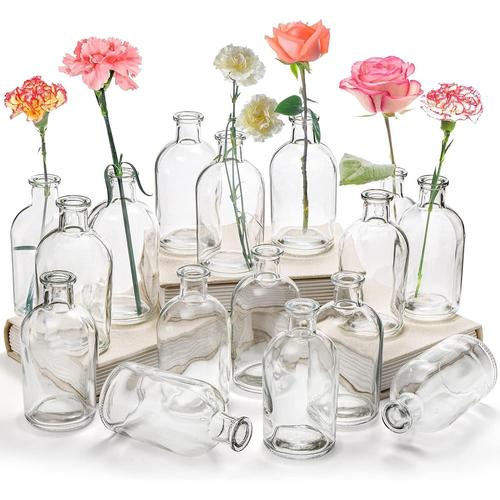 Claire Claire Lot de 16 vases à fleurs en verre transparent de 236,8 g - Petites bouteilles décoratives vintage pour centre de table -