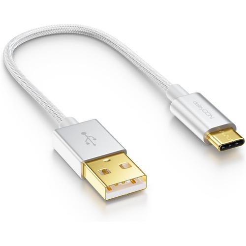 Argent 15cm Cable USB-C - Cable de Charge Cable de Données - Nylon + Fiche Métallique - USB C vers USB A - Compatible avec Apple Samsung Google Huawei Xiaomi Tablet Laptop PC - Argent