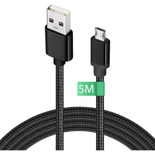 Noir Cable Micro USB 5m, Long Chargeur Nylon Tressé USB Cable, Charge Rapide Android Phone Cable Compatible pour Samsung Galaxy S7/ S6/ S5, Contrôleur PS4 Cable, Xbox One, HTC, Sony, LG, Nexus