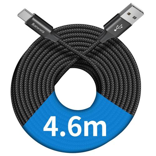 Noir Extra Long Cable USB C, Durable 4.6m Cable USB A vers USB C Chargeur Rapide Tressé Cordon Compatible avec Samsung Galaxy S10 S9 S20 S21 S22 S23 Plus, A14 A13 A33 A54 A12, Pixel, Redmi -Noir