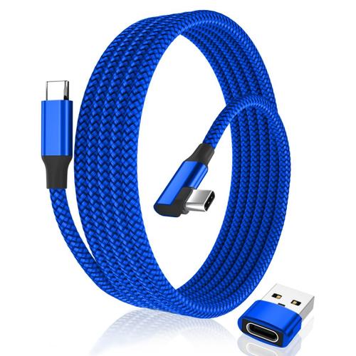 Bleu Cable Usb C Vers Type C 100w Angle Droit 3m Avec Adaptateur Usb A,Cordon Chargeur Pd Charge Rapide 90 Degrés Coudé Pour Macbook,Iphone 15,Ipad 10 Pro Air 4 5 Mini 6,Galaxy S22 S23 A53 A54,Surface