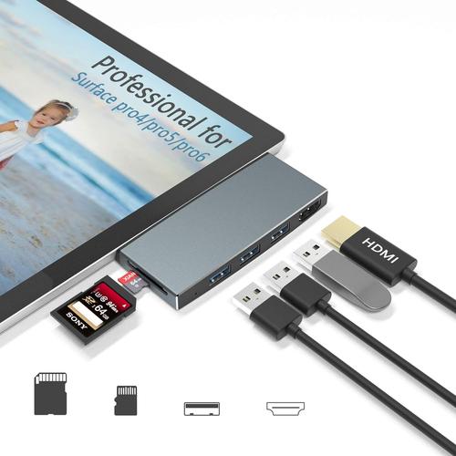 Version améliorée : station d'accueil Microsoft Surface Pro 6/Pro 5/Pro 4 Hub avec port HDMI 4 K, 3 ports USB 3.0 (5 GPS), lecteur de carte mémoire SD/TF Adaptateur combo pour Surface Pro.