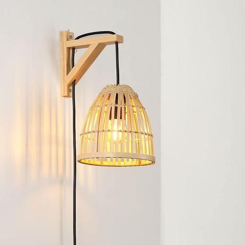 Noir B·;LED BARCELONA LED BarcelonaLED Applique murale équerre en bois avec panier en bambou en osier avec cable prise et