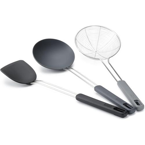 Noir Noir Nest Fusion Ensemble d'ustensiles de Cuisine pour Wok 3 pièces en Acier Inox et Silicone Résistant à, Spatule, Cuillère et