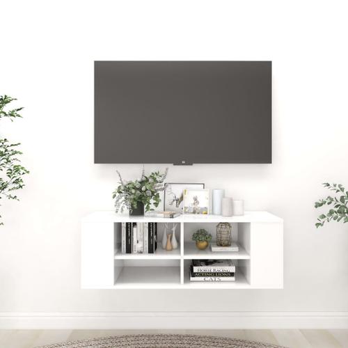 Meuble Tv Mural Supendu Blanc Moderne Design Salon Rangement 102x35x35cm