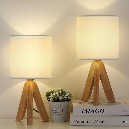 Blanc Lot De 2 Petites Lampes De Chevet Avec Pied En Bois Et Abat-Jour En Lin Pour Chambre À Coucher, Salon, Atmosphère Chaleureuse,