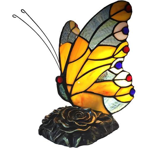 Jaune Lampe De Style Tiffany, Lampe De Chevet Avec Papillon, Vintage Vitrail Style Table Lampe, Lampe Art Deco, Pour Chambre Salon