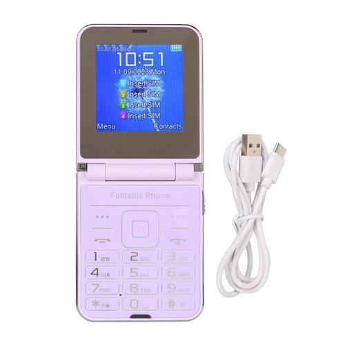 Téléphone portable à rabat 2G 2,6 pouces pour seniors 2 écrans 1,3 MP 4 cartes SIM Veille Gros bouton Gros chiffres Son fort Téléphone de base pour personnes âgées Violet