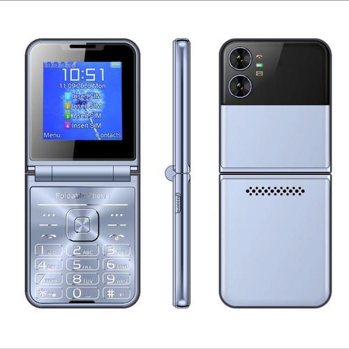 Téléphone portable à rabat 2G 2,6 pouces pour seniors 2 écrans 1,3 MP 4 cartes SIM Veille Gros bouton Gros chiffres Son fort Téléphone de base pour personnes âgées Bleu