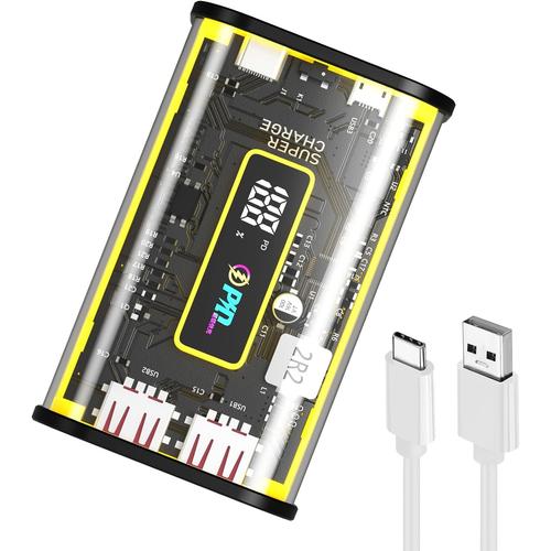 Jaune Jaune Pack Batterie 10000mah Avec Affichage Led, Chargeur Portable À 3 Ports De Charge Rapide De 20 W Pd18w Qc 3.0 Usb C, Power Bank