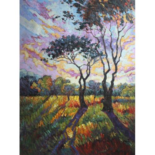 Beaux-Arts Paysage Peinture À L'huile Sur Toile Arbre Au Soleil