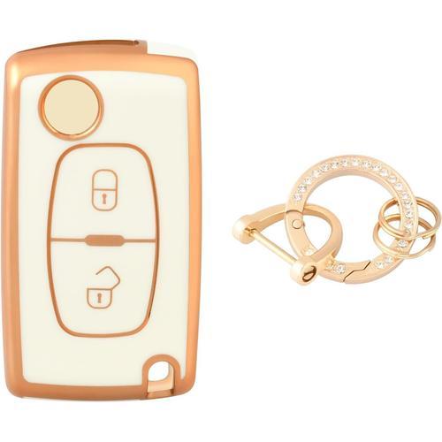 Blanc-Or Etui A Cle Voiture Coque Clé, Étui À Clés Couvre Clef Cache Clef Avec Porte Clef Pour Citroen C1 C2 C3 C4 C5 Picasso Peugeot 107 206 207 307 308 406 407 607 2/3 Tasten