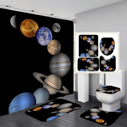 Noir, Bleu, Vert. Noir, Bleu, Vert. Lot de 4 rideaux de douche avec système solaire d Planètes et étoiles Galaxy Space Theme Soleil Mercure Vénus