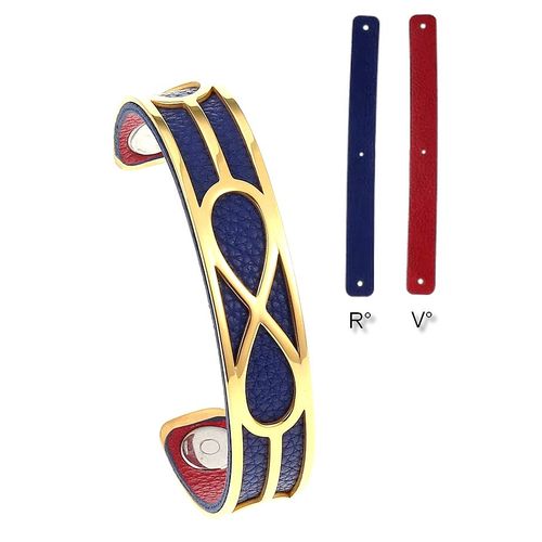 Bracelet Ajouré "Infini" - Métal Doré + Cuir Bleu Marine Et Rouge Réversible - Inspiration Tendance Chic