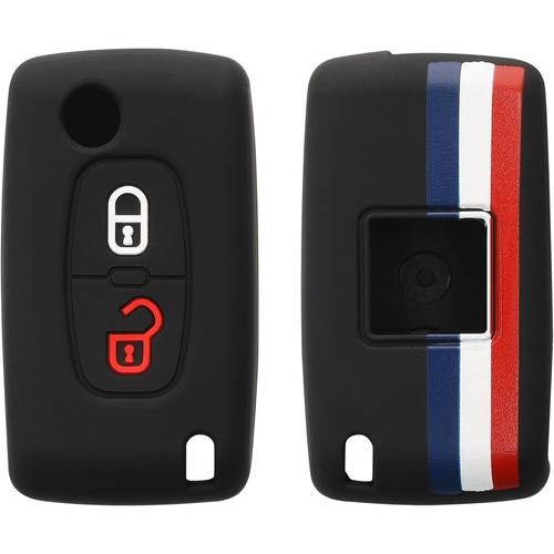 France Bleu-Rouge-Blanc Coque Clé De Voiture Compatible Avec Peugeot Citroen Clef De Voiture 2-Bouton Accessoire Clé Voiture - Protection Étui Souple En Silicone - Bleu-Rouge-Blanc