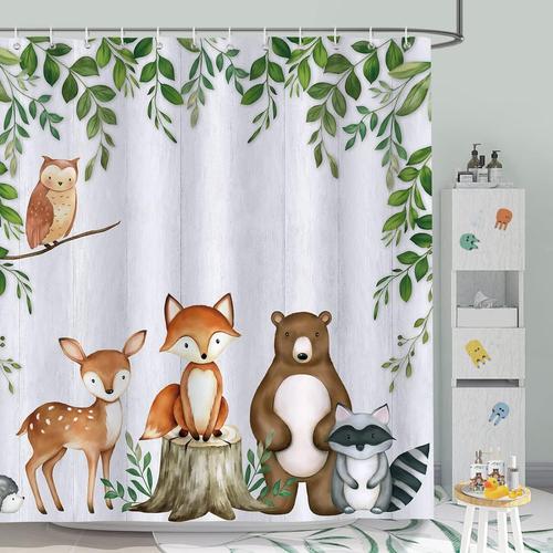 Animaux de la Forêt Animaux de la Forêt Rideau de Douche Animaux de la Forêt Feuilles Vertes Rideau de Bain pour Enfants Tissu Polyester Anti