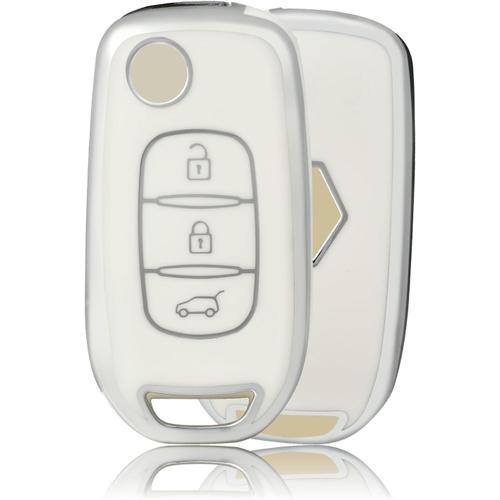 Blanc Argent Etui A Cle Voiture Coque Clé, Étui À Clés Couvre Clef Cache Clef Convient Pour Renault Sandero Stepway Logan Arkana Captur Kadjar Clio Megane Symbol Koleos Twingo Kangoo Dacia Duster