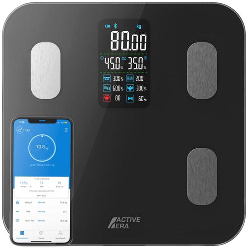 Noir Pèse Personne Balance Connectée Bluetooth avec écran LED, Balances Numérique avec 16 mesures, App mobile, Impédancemètre (IMC/BFR/Muscle/Eau/Graisse Corporelle/Masse osseuse/BMR) - Noir