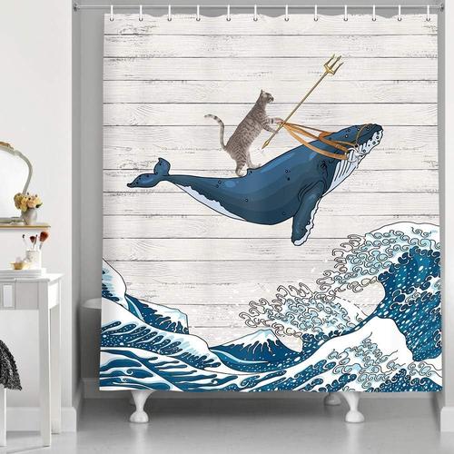 Multicolore Multicolore Rideau de douche humoristique en forme de chat, motif baleine dans l'océan, vague vintage, tissu oriental vintage,