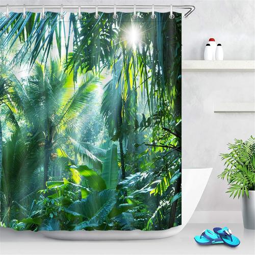 Multi 01 Multi 01 Jungle Forêt Rideau de Douche avec Crochets,180x200cm Plante Tropicale Vert Banane Feuilles Rideau de la Salle de Bain