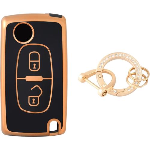 Noir-Or Etui A Cle Voiture Coque Clé, Étui À Clés Couvre Clef Cache Clef Avec Porte Clef Pour Citroen C1 C2 C3 C4 C5 Picasso Peugeot 107 206 207 307 308 406 407 607 2/3 Tasten