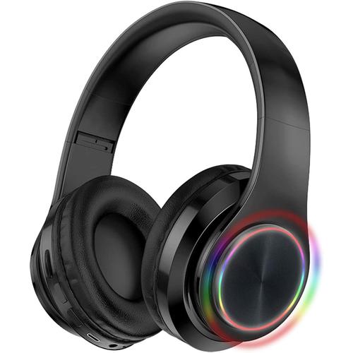 Casque Bluetooth Supra-Auriculaire, 10 Heures Écouteurs Bluetooth v5.1 sans Fil avec Microphone intégré/Lampes colorées, Casque de Jeu Pliable pour Voyage/Maison/Bureau, Noir