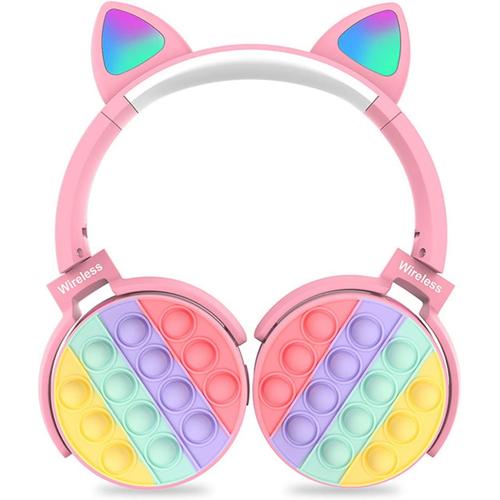 Rainbow Push Pop Fidget Toy Casque stéréo Bluetooth à fixer sur la tête pour enfants et adolescents (rose, 22 x 18 x 5 cm)