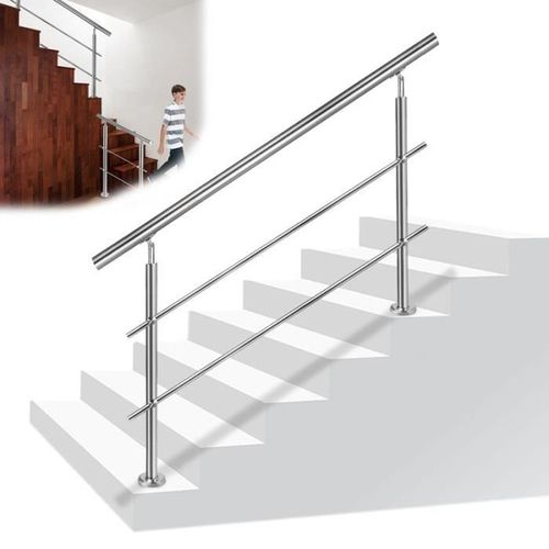 YUENFONG Rampe d'escalier en acier inoxydable pour escaliers, balcon, intérieur et extérieur, argent (80 cm, avec 2 traverses)