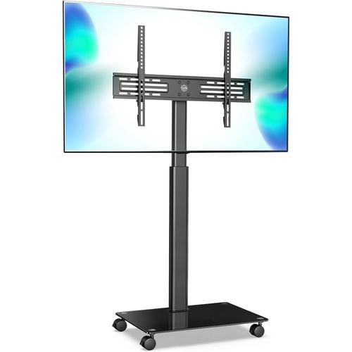 Noir Noir Chariot Support TV avec Roues pour Ecran de 32 à 60 Pouces, Mueble TV Pied LED LCD Plasma avec Base en Verre Trempé, Inclinable