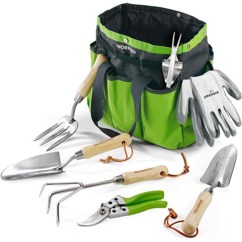 Vert Outils de Jardinage, 8 Pièces, Ensemble de Jardinage en Acier Inoxydable Lourd avec Poignée de Bois, Sécateur, Gants, Sarcloir, Griffe, Fourche, Pelle à Terreau, Transplantoire pour Jardinier