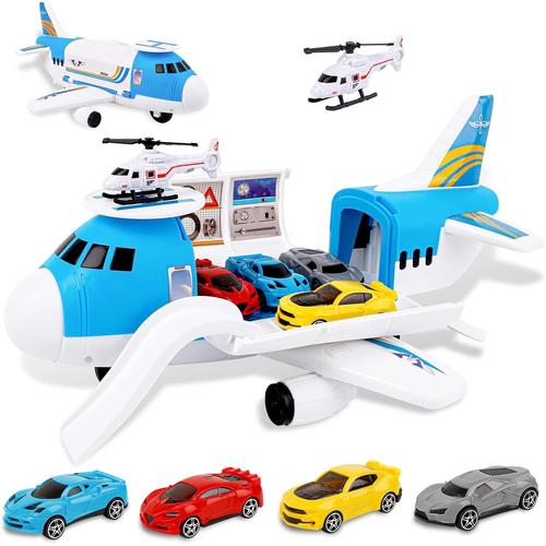 Bleu Ciel Avions Jouets Transporteur Ensemble Avec 4 Voitures , 1 Pièces Hélicoptère Jouet Et 1 Bricolage Autocollants Cadeau Pour
