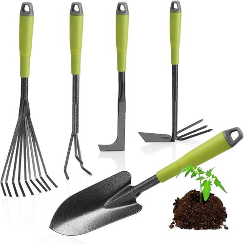 005 pièces - vert ® L'ensemble des Outils en 5 pièces pour Le Jardin en Vert-Serfouette à Fleurs, Balai à Gazon, Couteau désherbeur, Petite Pelle, rateau à Main (005 pièces - Vert)